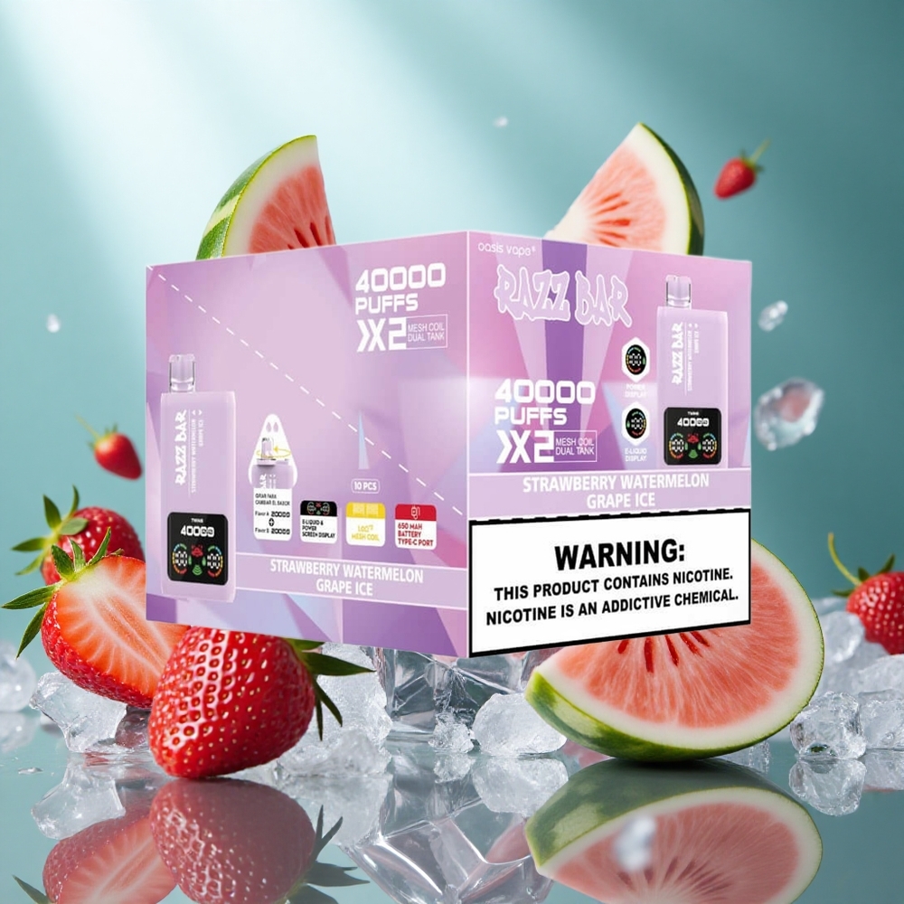 Razz Bar 40000 Puffs Wegwerp Vape Aardbei_Watermeloen_Druif IJs met Power Screen Display  Type-C Poort