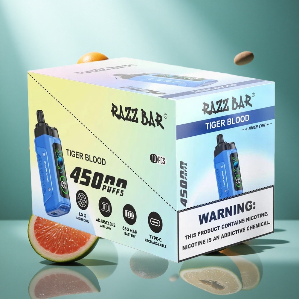 Razz Bar 45000 Puffs Wegwerp Vape Tijgerbloed met 10 Ohm Mesh Coil  Type-C Oplaadbaar