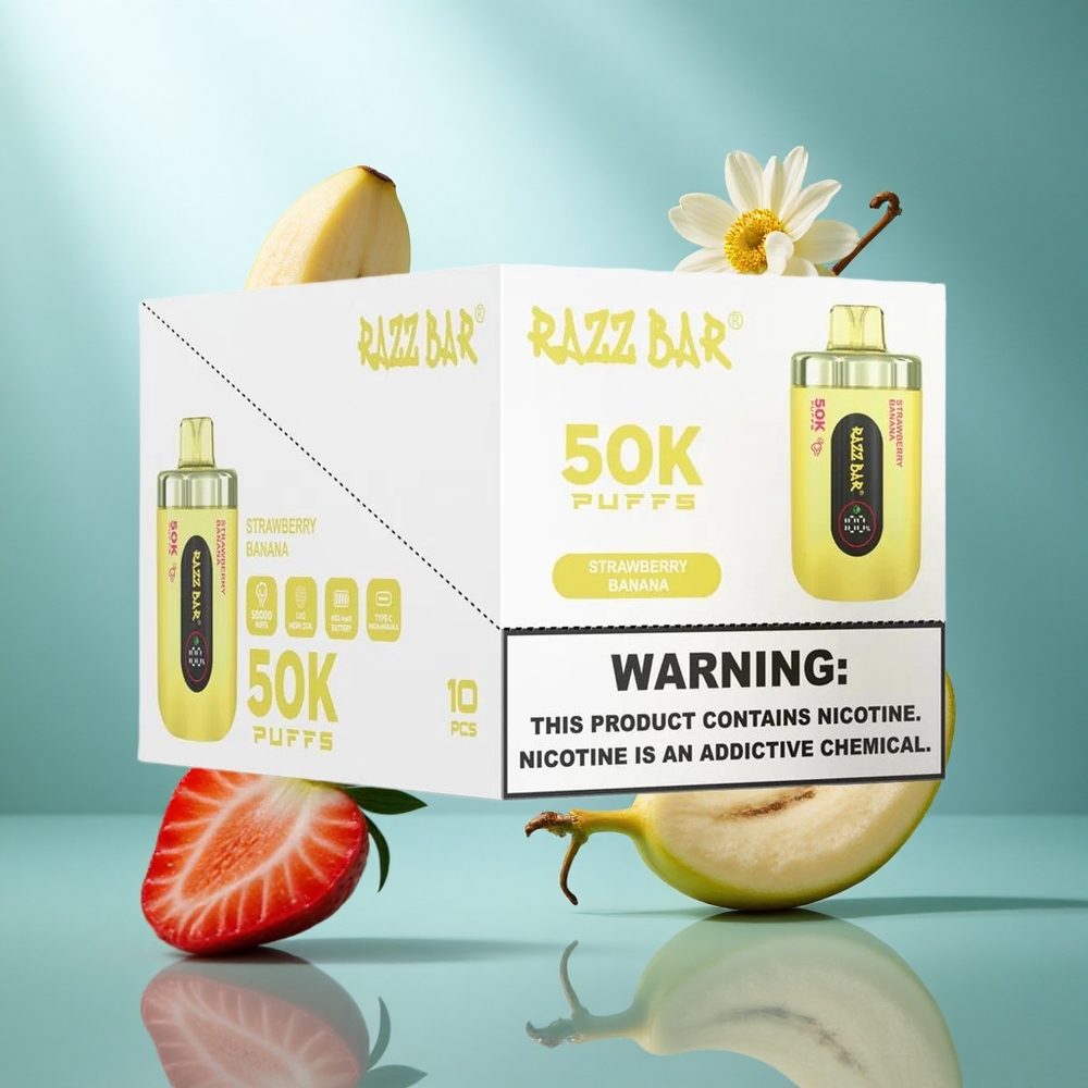 Razz Bar 50K Puffs Wegwerp Vape Aardbei Banaan 10 Ohm Mesh Coil Type-C Oplaadbaar