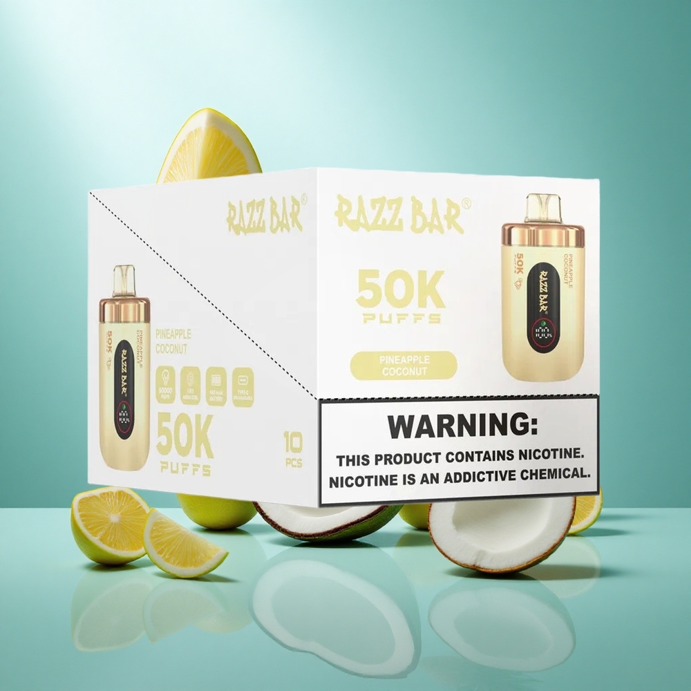 Razz Bar 50K Puffs Wegwerp Vape Ananas Kokos met 10 Ohm Mesh Coil  Type-C Oplaadbaar